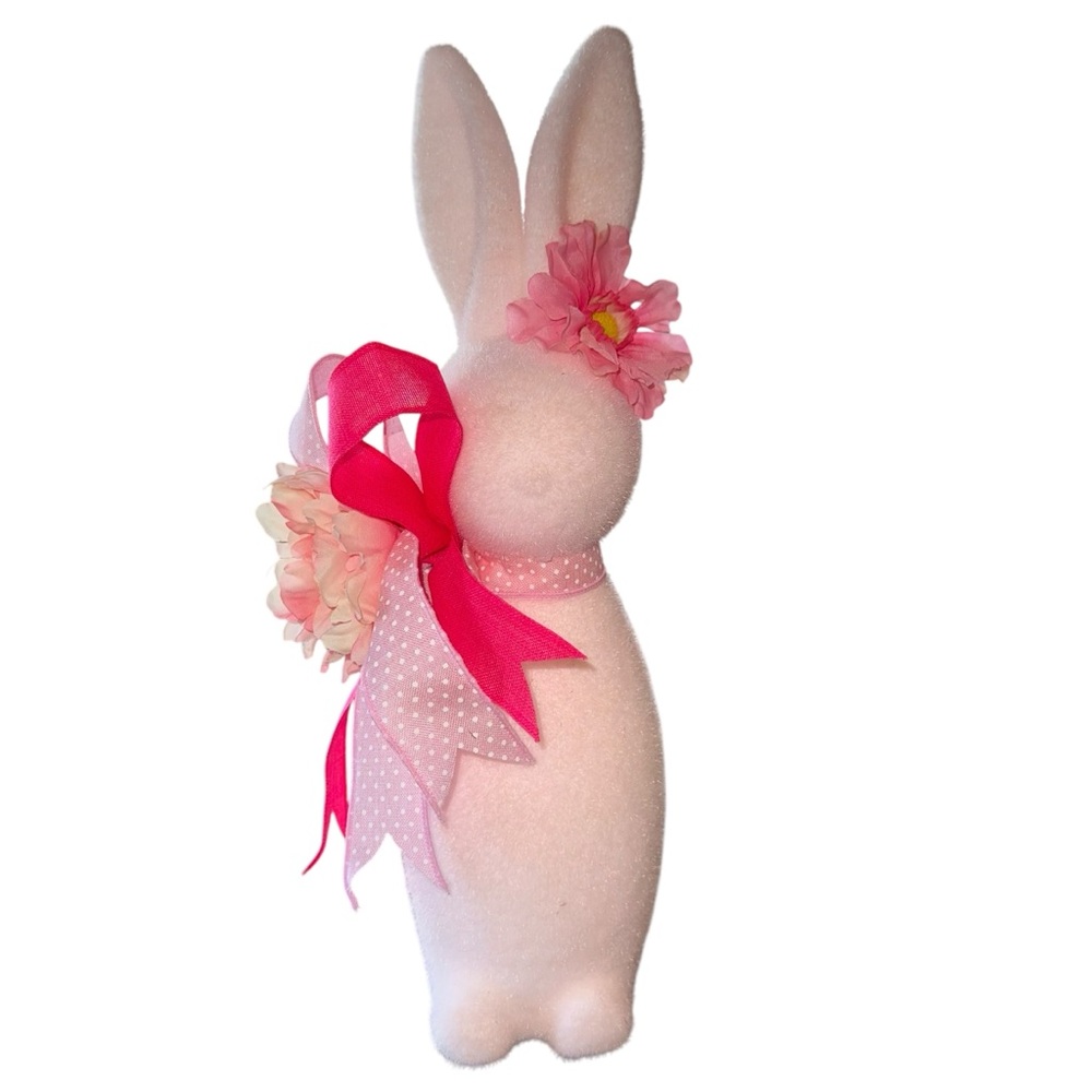 Pink Easter Flocked Velvet Bunny Pink Bow Peach Floral 16” Tall Easter Decor